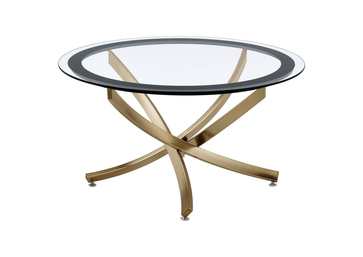 707888 Brooke Round Glass Top Coffee Table Metal Base Brass