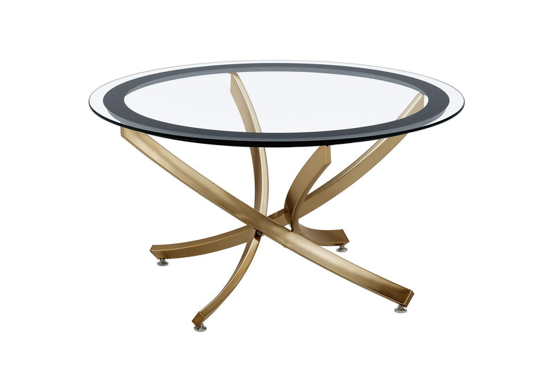 707888 Brooke Round Glass Top Coffee Table Metal Base Brass