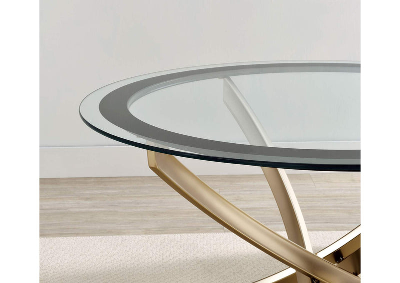 707888 Brooke Round Glass Top Coffee Table Metal Base Brass