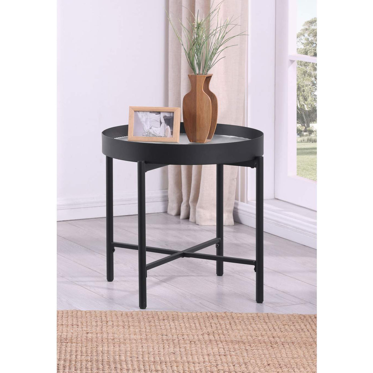 707897 Ozella Round End Side Table with Recessed Top Sandy Black