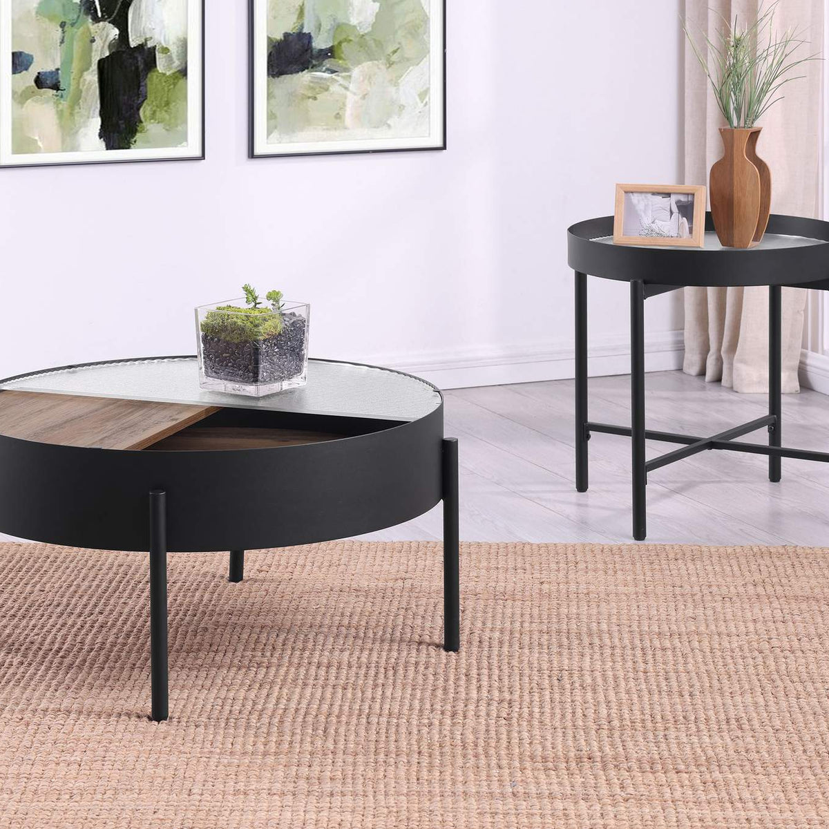707898-S2 Ozella 2-piece Round Coffee and End Table Set Sandy Black