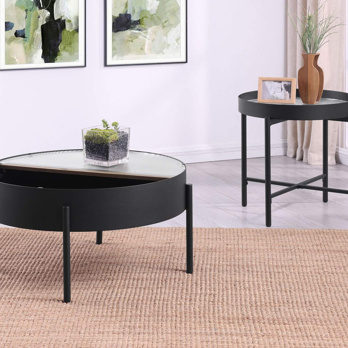 707898-S2 Ozella 2-piece Round Coffee and End Table Set Sandy Black