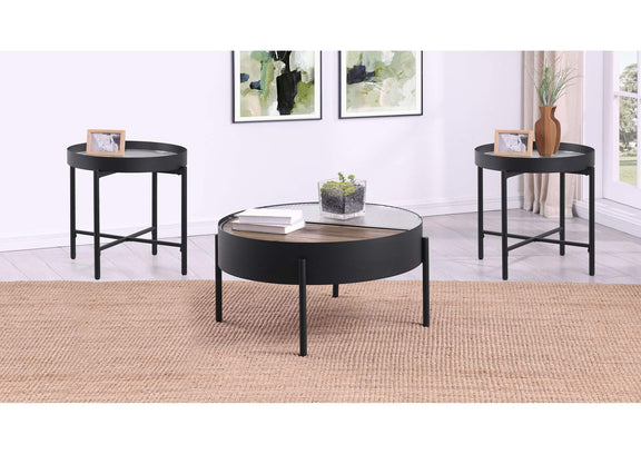 707898-S3 Ozella 3-piece Round Coffee and End Table Set Sandy Black
