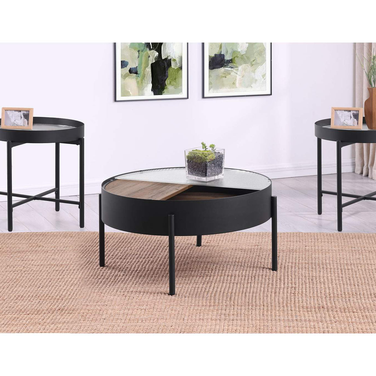 707898-S3 Ozella 3-piece Round Coffee and End Table Set Sandy Black