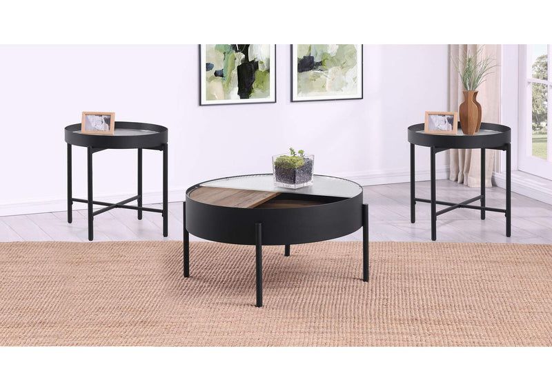 707898-S3 Ozella 3-piece Round Coffee and End Table Set Sandy Black