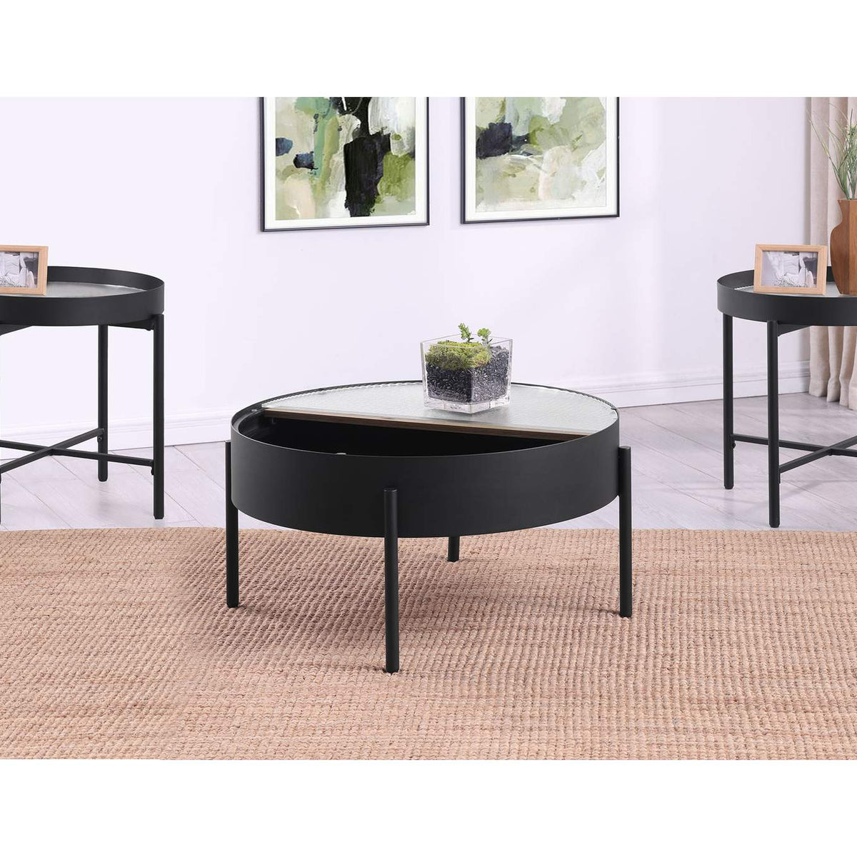 707898-S3 Ozella 3-piece Round Coffee and End Table Set Sandy Black