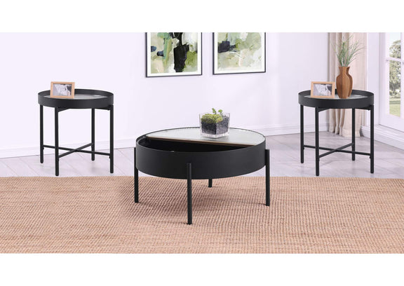 707898-S3 Ozella 3-piece Round Coffee and End Table Set Sandy Black