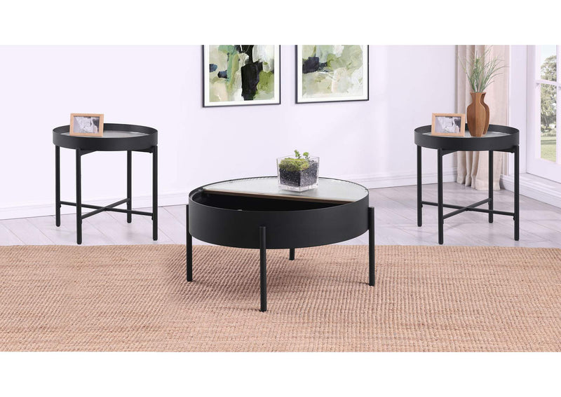 707898-S3 Ozella 3-piece Round Coffee and End Table Set Sandy Black