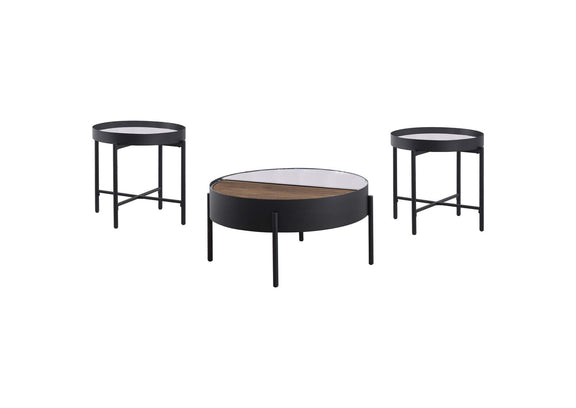 707898-S3 Ozella 3-piece Round Coffee and End Table Set Sandy Black