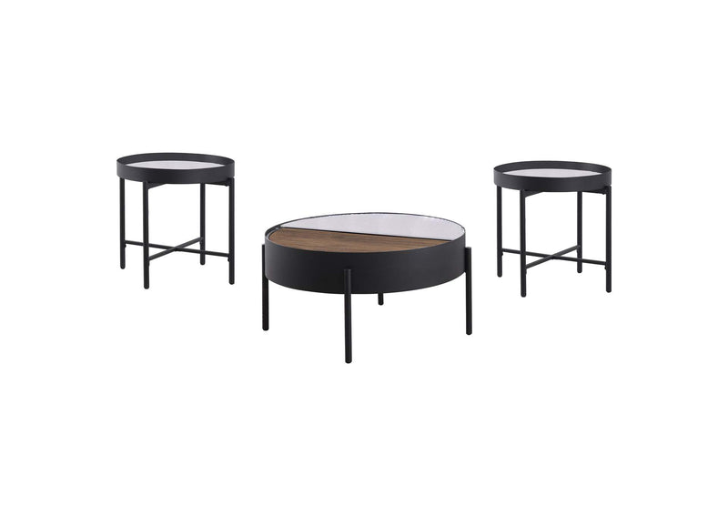 707898-S3 Ozella 3-piece Round Coffee and End Table Set Sandy Black