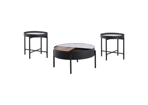 707898-S3 Ozella 3-piece Round Coffee and End Table Set Sandy Black