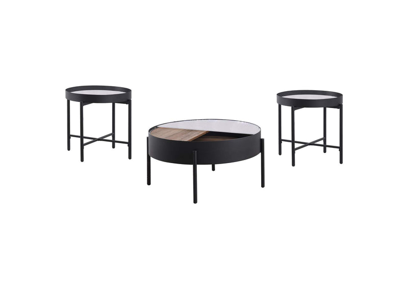 707898-S3 Ozella 3-piece Round Coffee and End Table Set Sandy Black