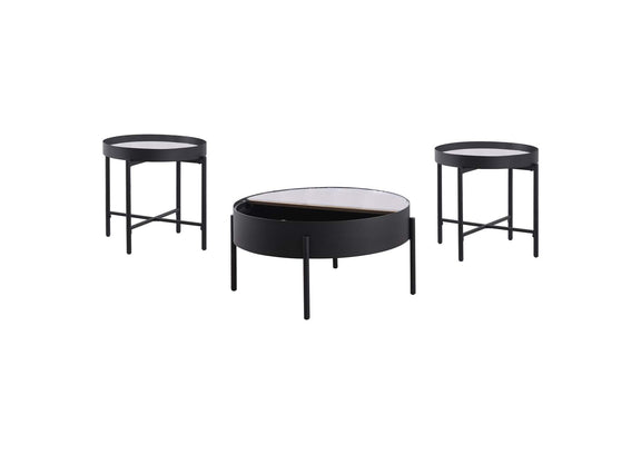 707898-S3 Ozella 3-piece Round Coffee and End Table Set Sandy Black