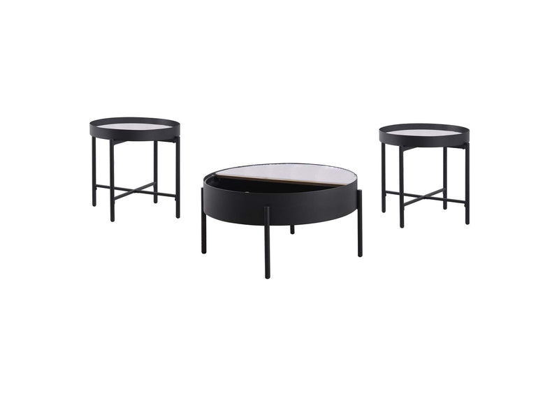 707898-S3 Ozella 3-piece Round Coffee and End Table Set Sandy Black