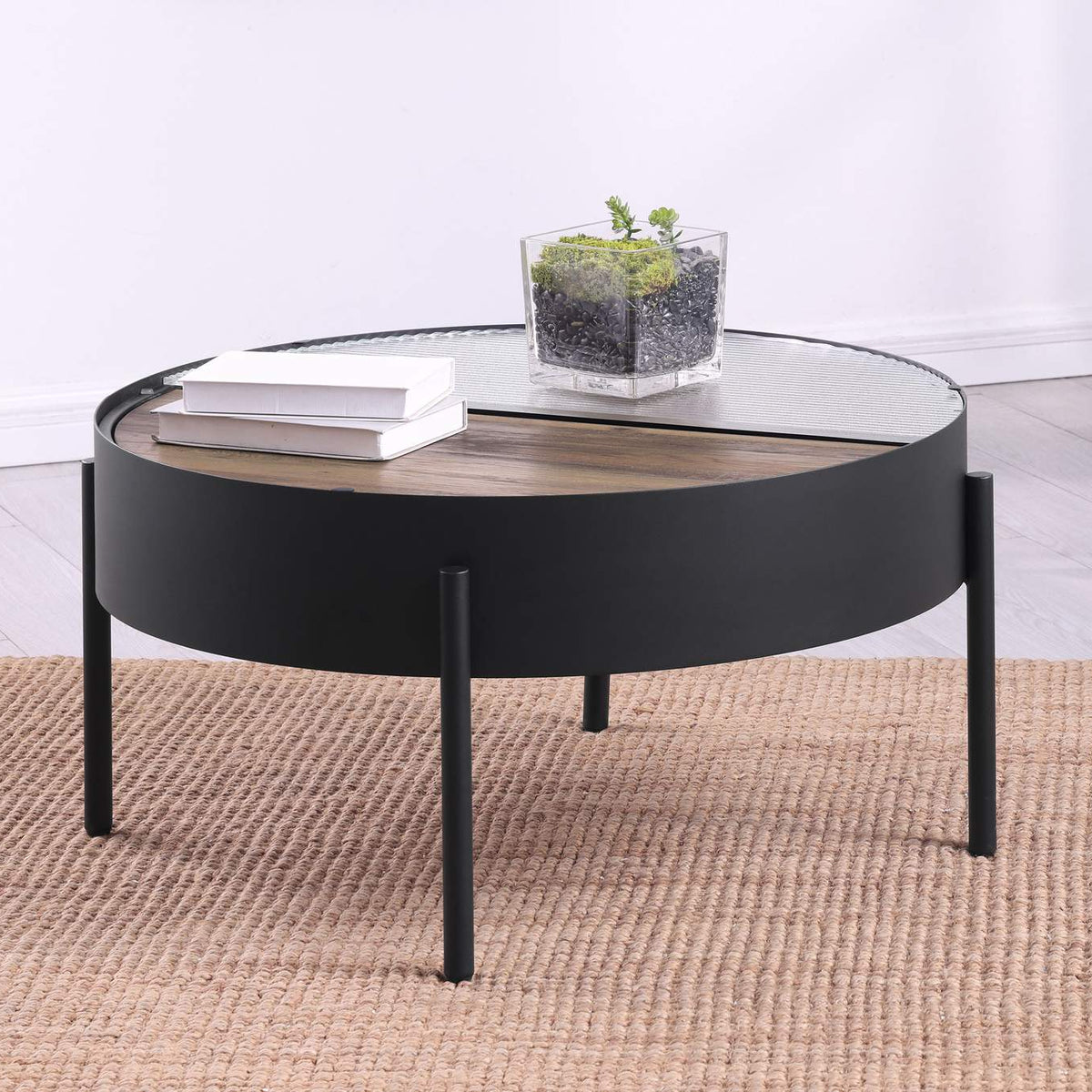 707898 Ozella Round Coffee Table with Hidden Storage Sandy Black