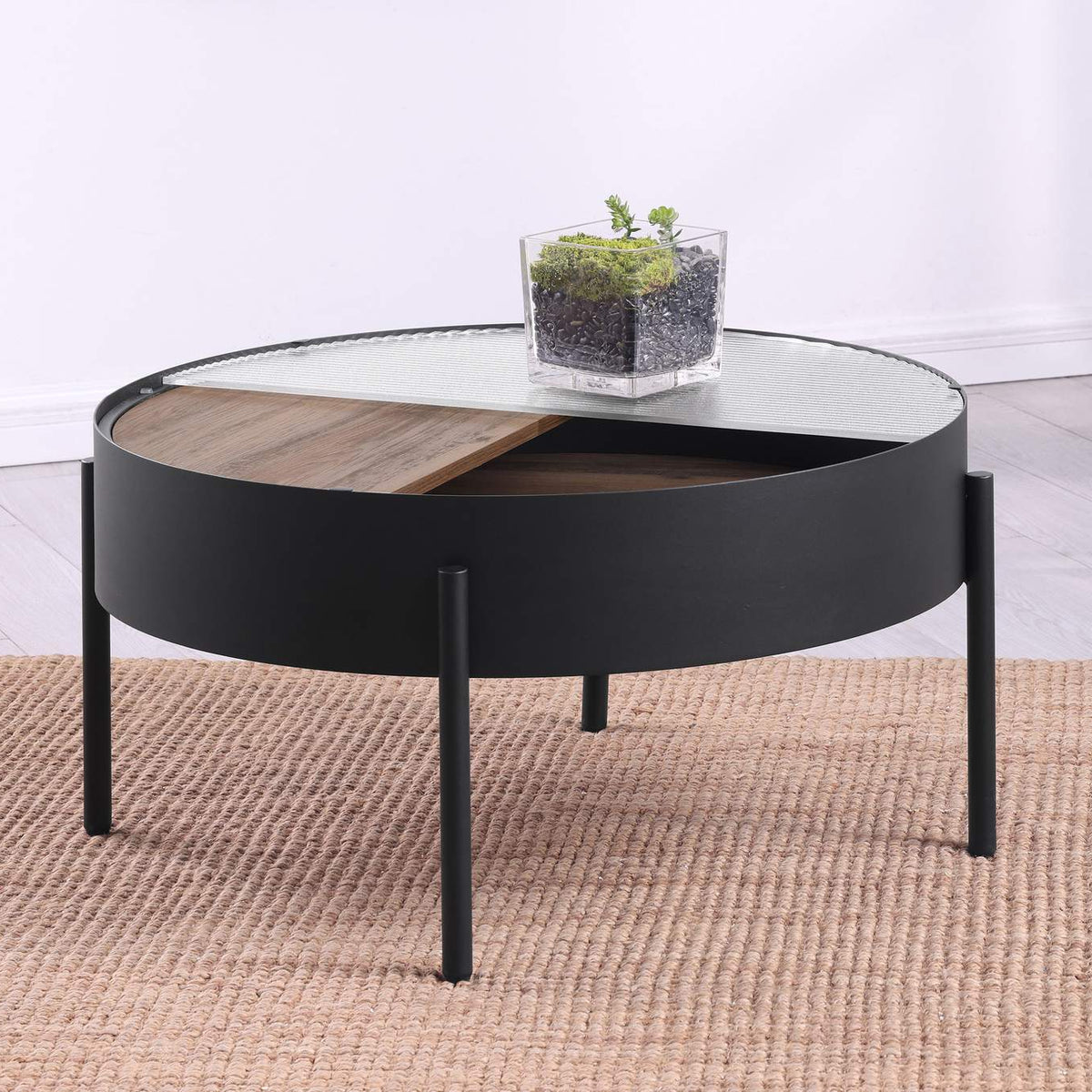 707898 Ozella Round Coffee Table with Hidden Storage Sandy Black