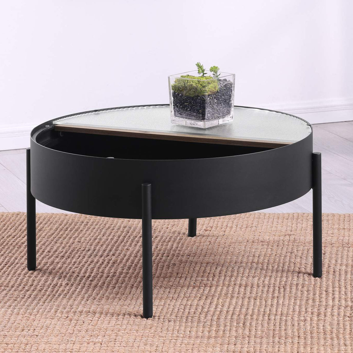 707898 Ozella Round Coffee Table with Hidden Storage Sandy Black
