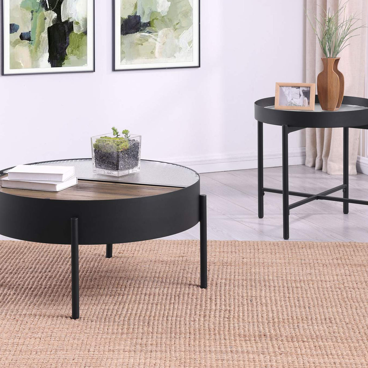 707898 Ozella Round Coffee Table with Hidden Storage Sandy Black