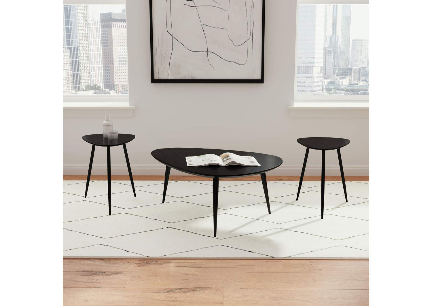 707918-S3 Odessa 3-piece Triangular Coffee and End Table Set Black