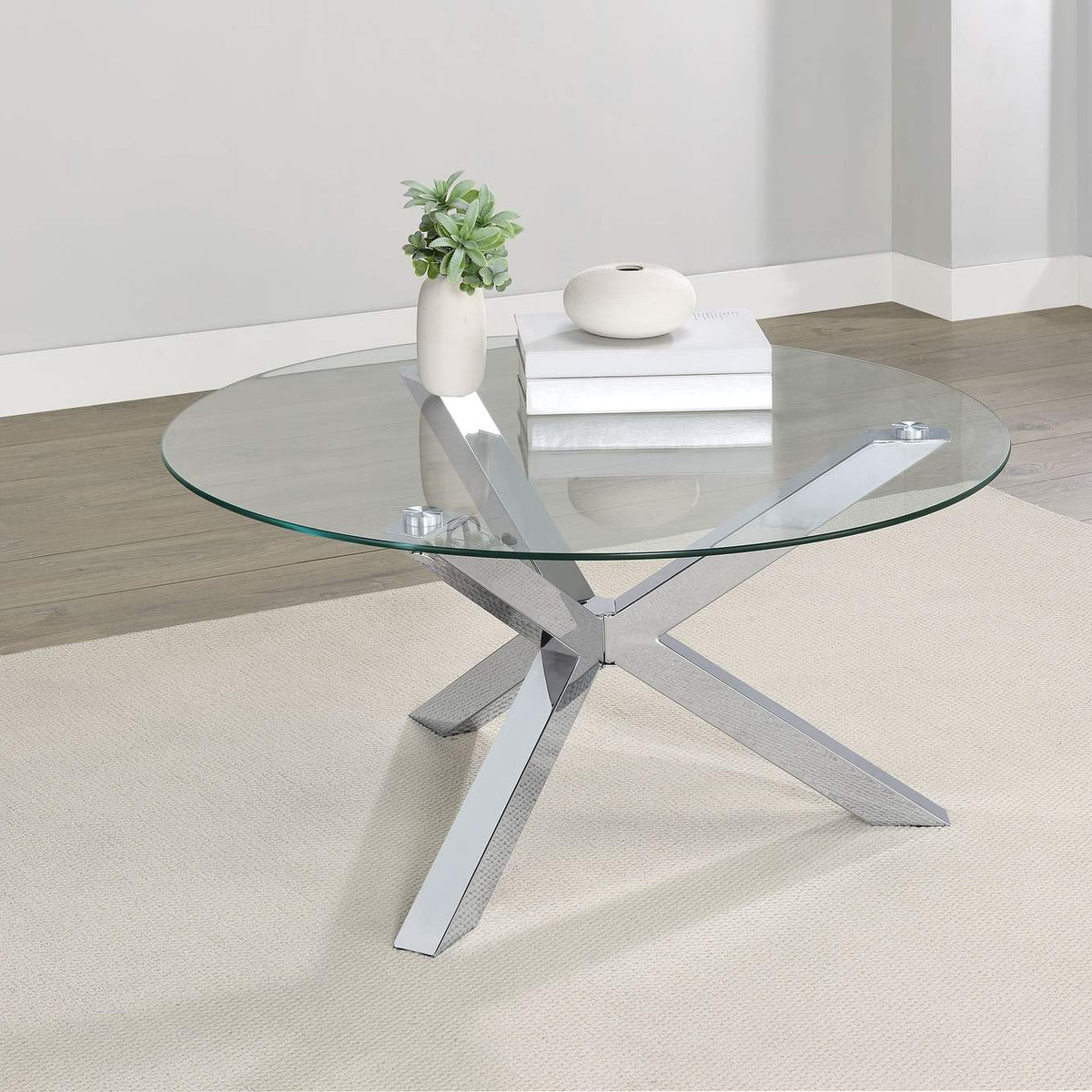 708128 Kenzie Round Tempered Glass Top Cocktail Coffee Table Chrome