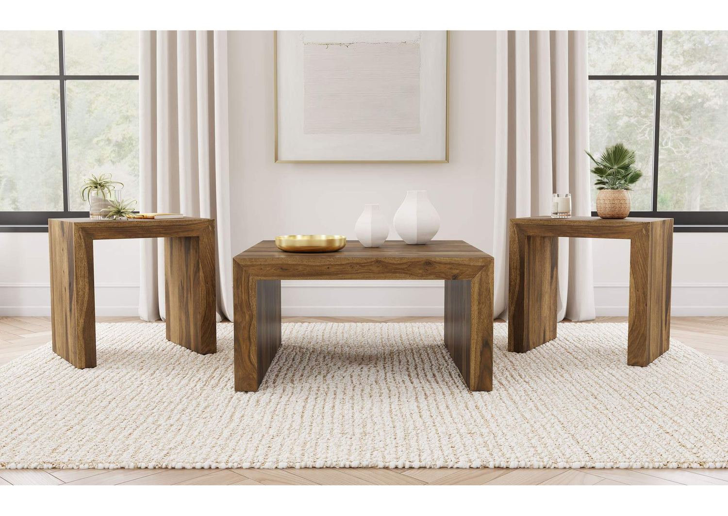 708418-S3 Odilia 3-piece Solid Wood Coffee and End Table Set Auburn
