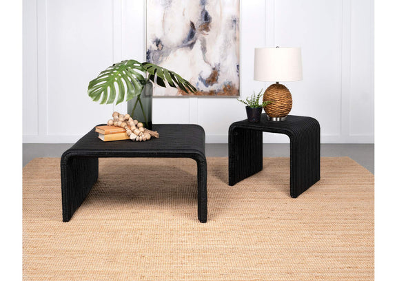 708518-S2 Cahya 2-piece Rattan Coffee and End Table Set Black