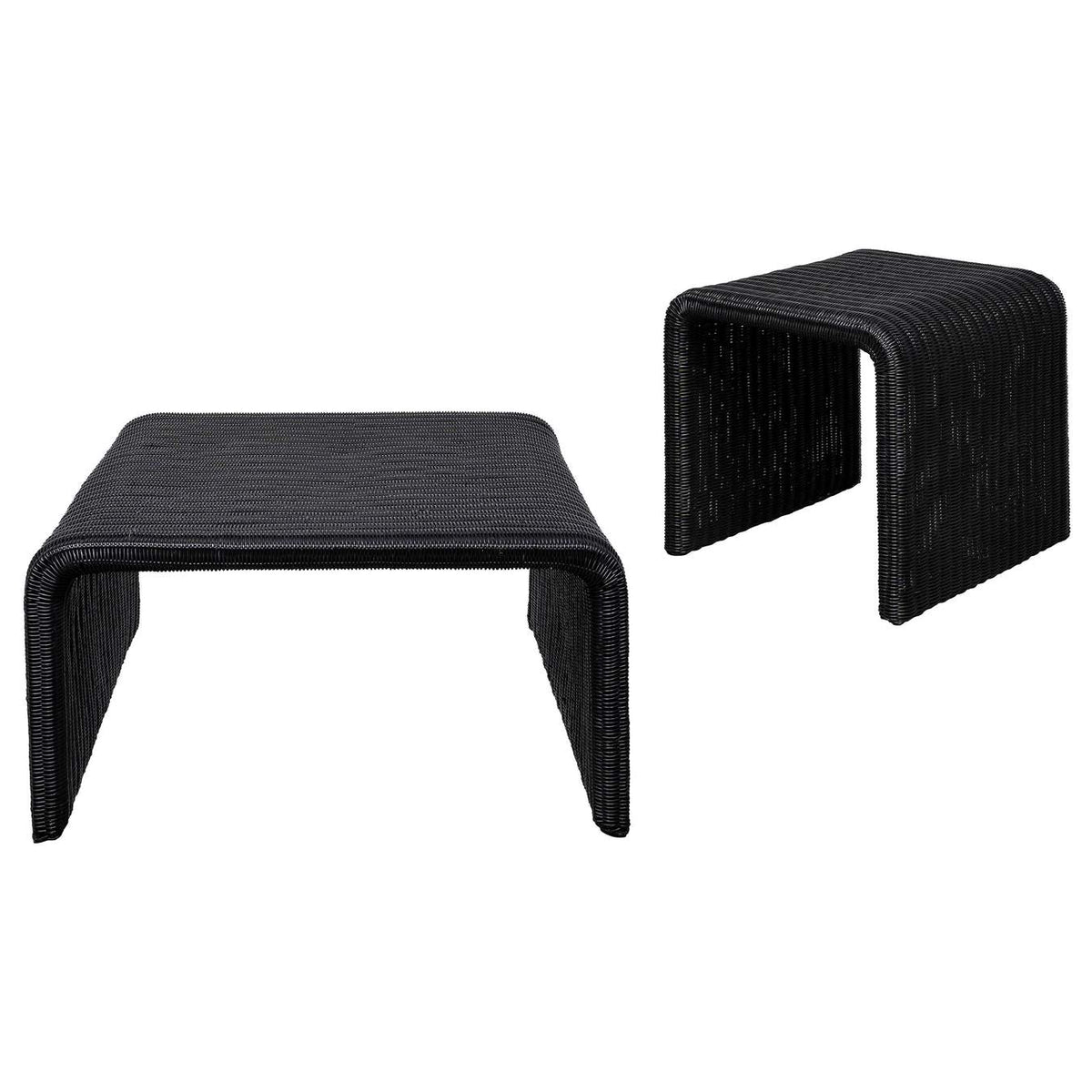 708518-S2 Cahya 2-piece Rattan Coffee and End Table Set Black