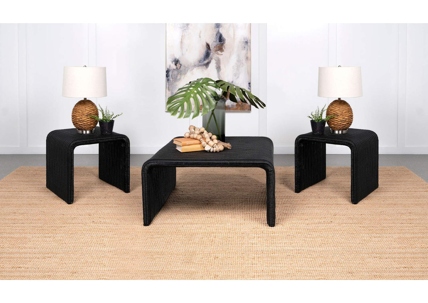 708518-S3 Cahya 3-piece Rattan Coffee and End Table Set Black