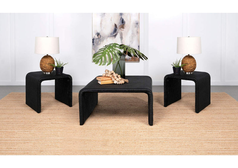 708518-S3 Cahya 3-piece Rattan Coffee and End Table Set Black