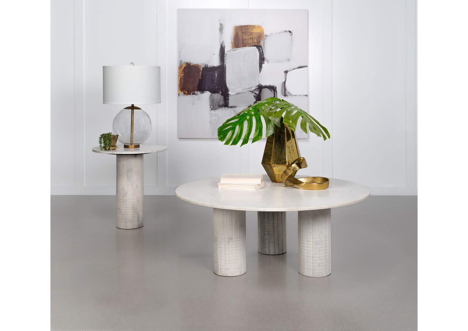 709668-S2 Astoria 2-piece Marble Coffee and End Table Set White