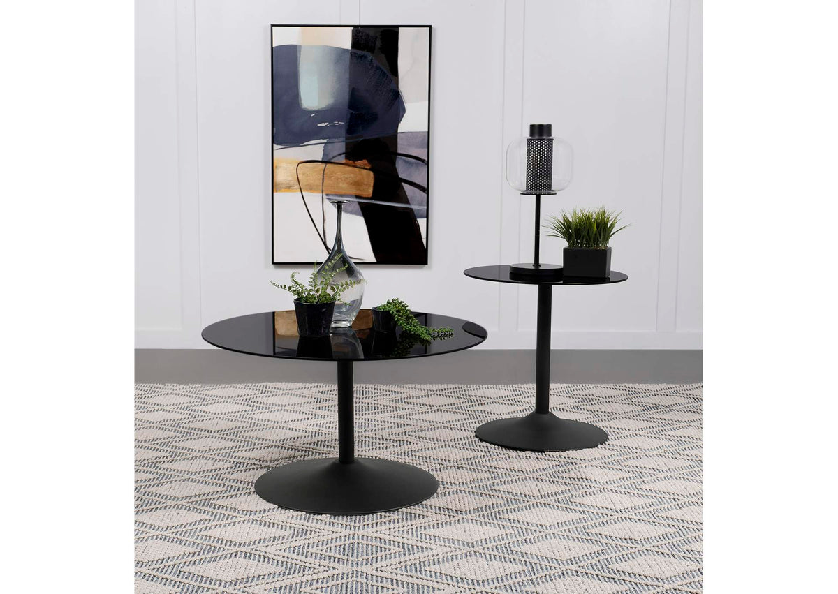 709688-S2 Ganso 2-piece Round Glass Top Coffee and End Table Set Black