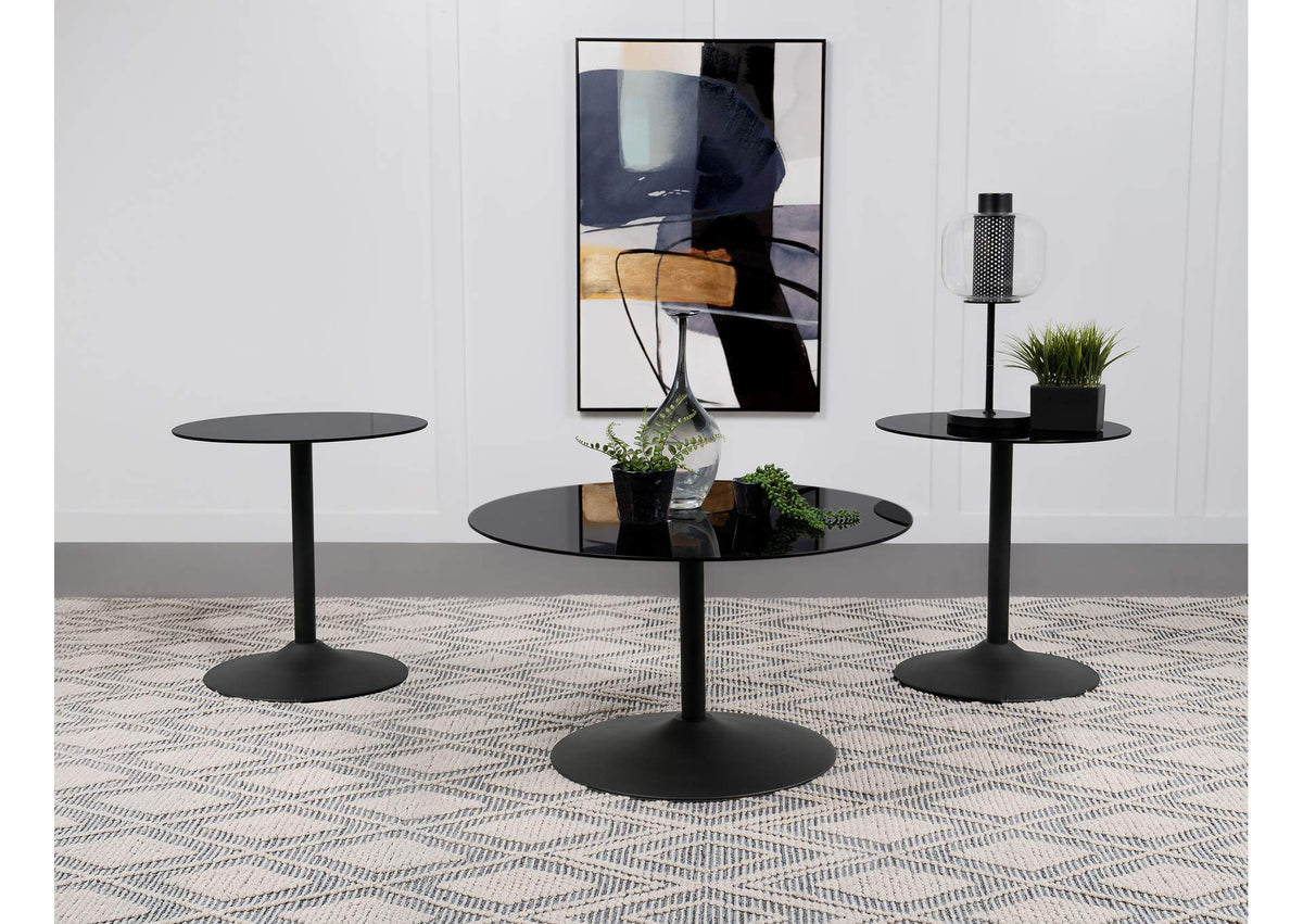 709688-S3 Ganso 3-piece Round Glass Top Coffee and End Table Set Black