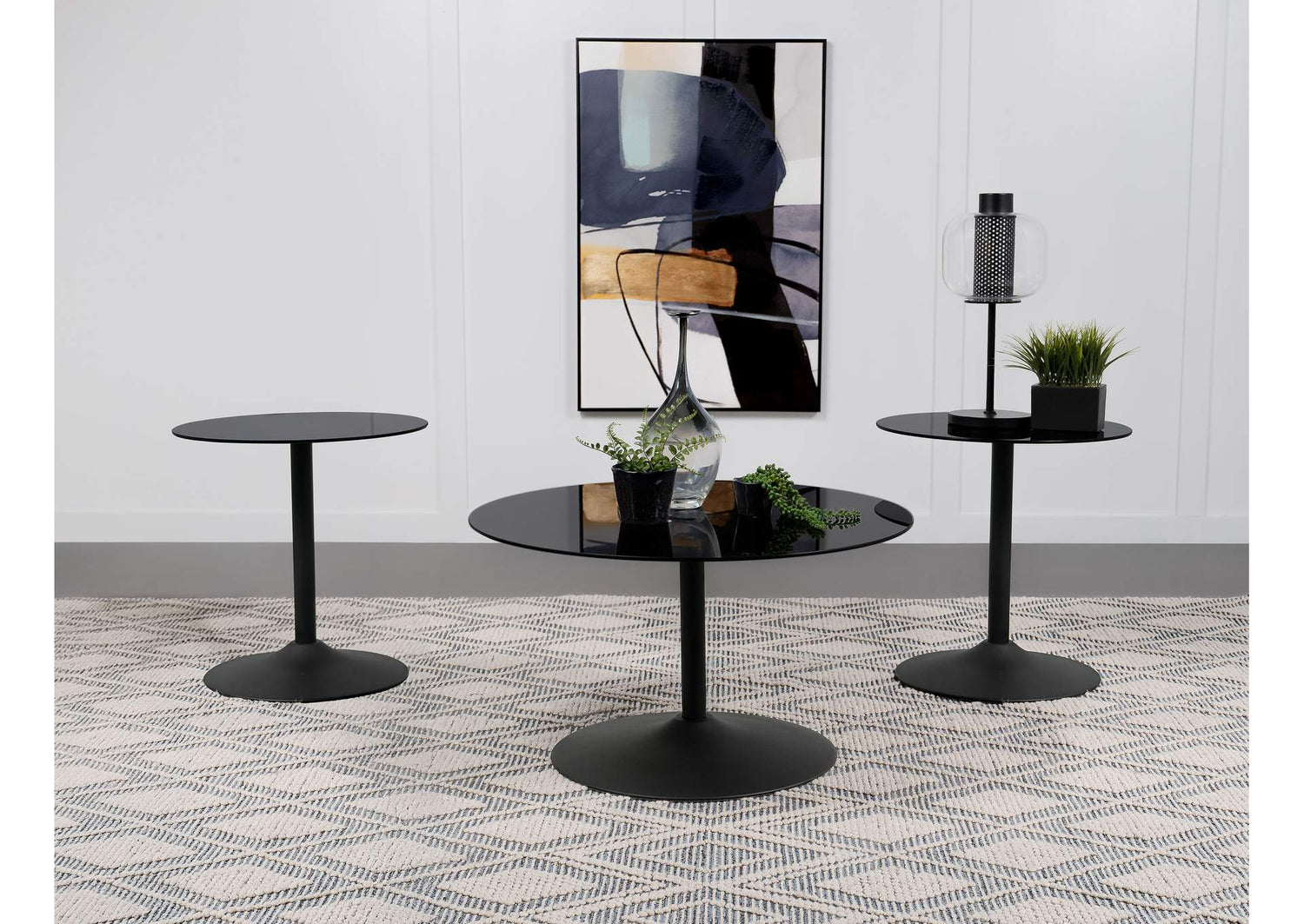 709688-S3 Ganso 3-piece Round Glass Top Coffee and End Table Set Black