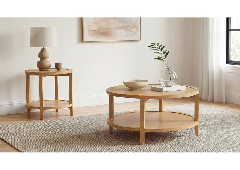 709698-S2 Camillo 2-piece Round Coffee and End Table Set Maple