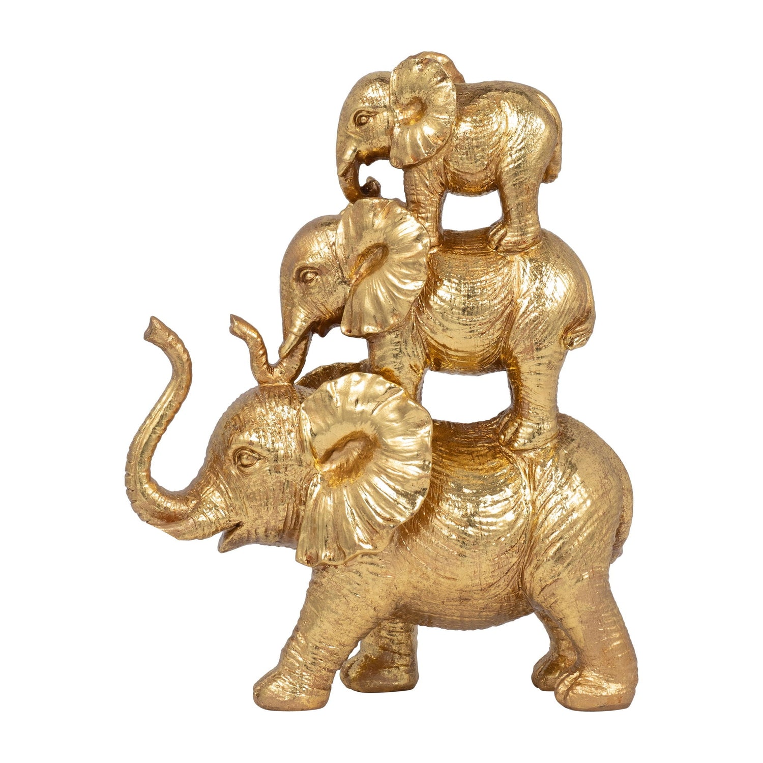 Resin 10" Stacked Raised Trunk Elephants - Gold