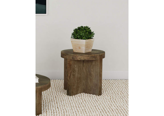 710137 Kinkaid Round Solid Mango Wood End Table Brown