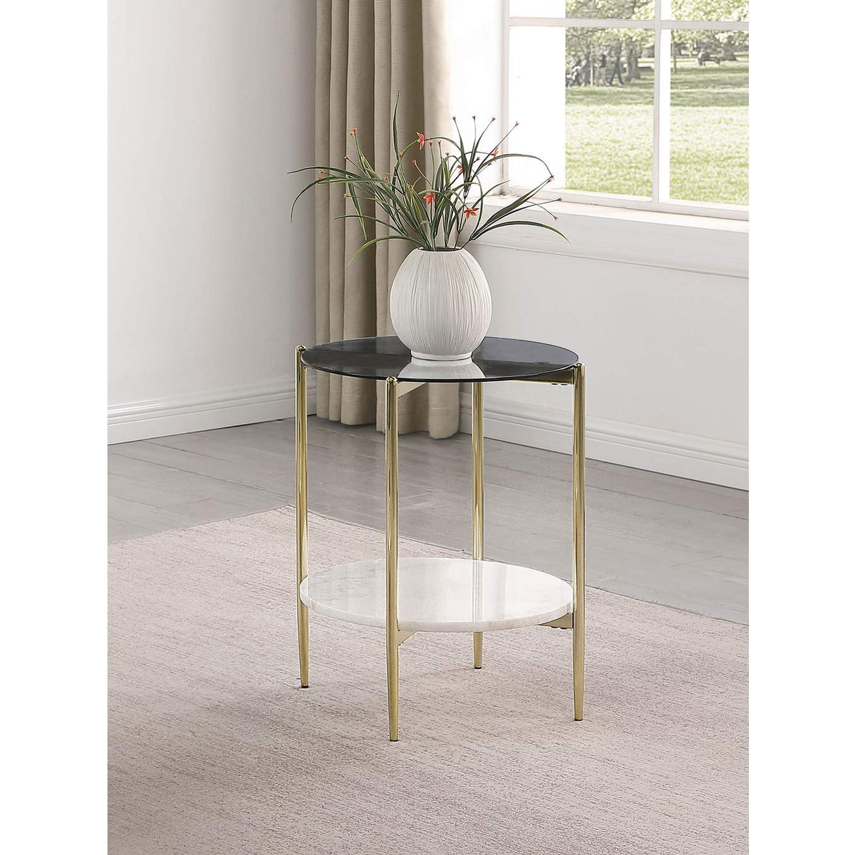 710337 Jonelle Round Glass Top End Table White Marble Shelf Gold