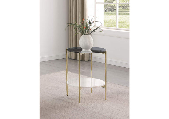 710337 Jonelle Round Glass Top End Table White Marble Shelf Gold