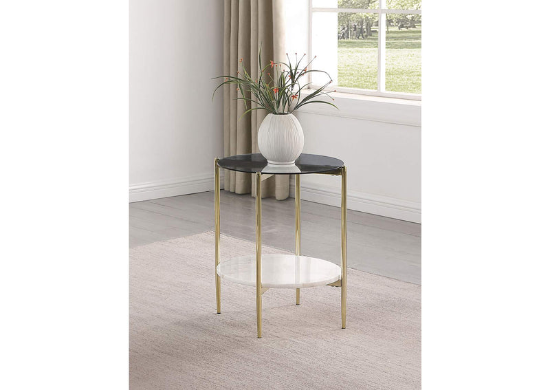 710337 Jonelle Round Glass Top End Table White Marble Shelf Gold