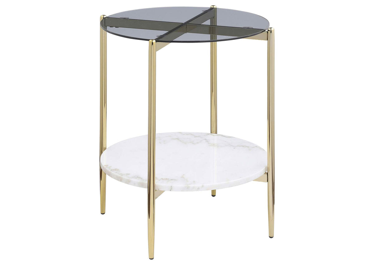 710337 Jonelle Round Glass Top End Table White Marble Shelf Gold