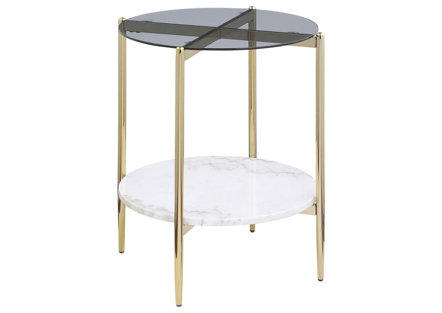 710337 Jonelle Round Glass Top End Table White Marble Shelf Gold