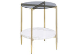 710337 Jonelle Round Glass Top End Table White Marble Shelf Gold
