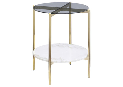 710337 Jonelle Round Glass Top End Table White Marble Shelf Gold