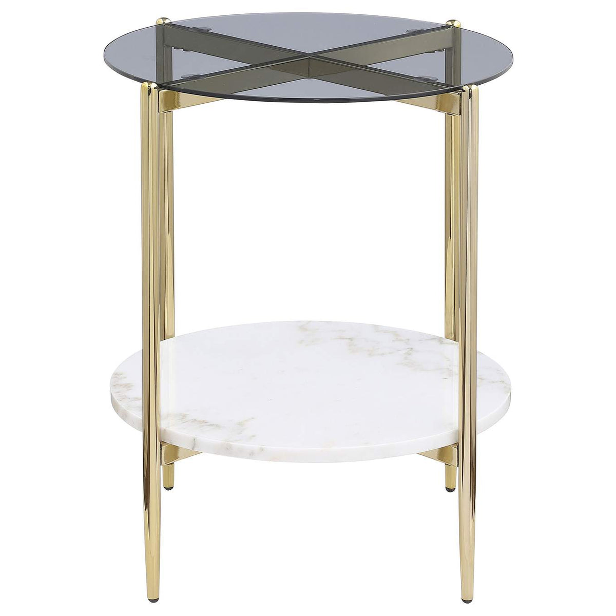 710337 Jonelle Round Glass Top End Table White Marble Shelf Gold