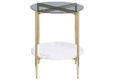 710337 Jonelle Round Glass Top End Table White Marble Shelf Gold