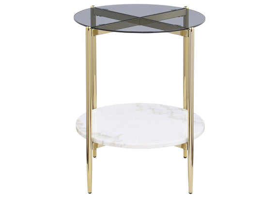 710337 Jonelle Round Glass Top End Table White Marble Shelf Gold