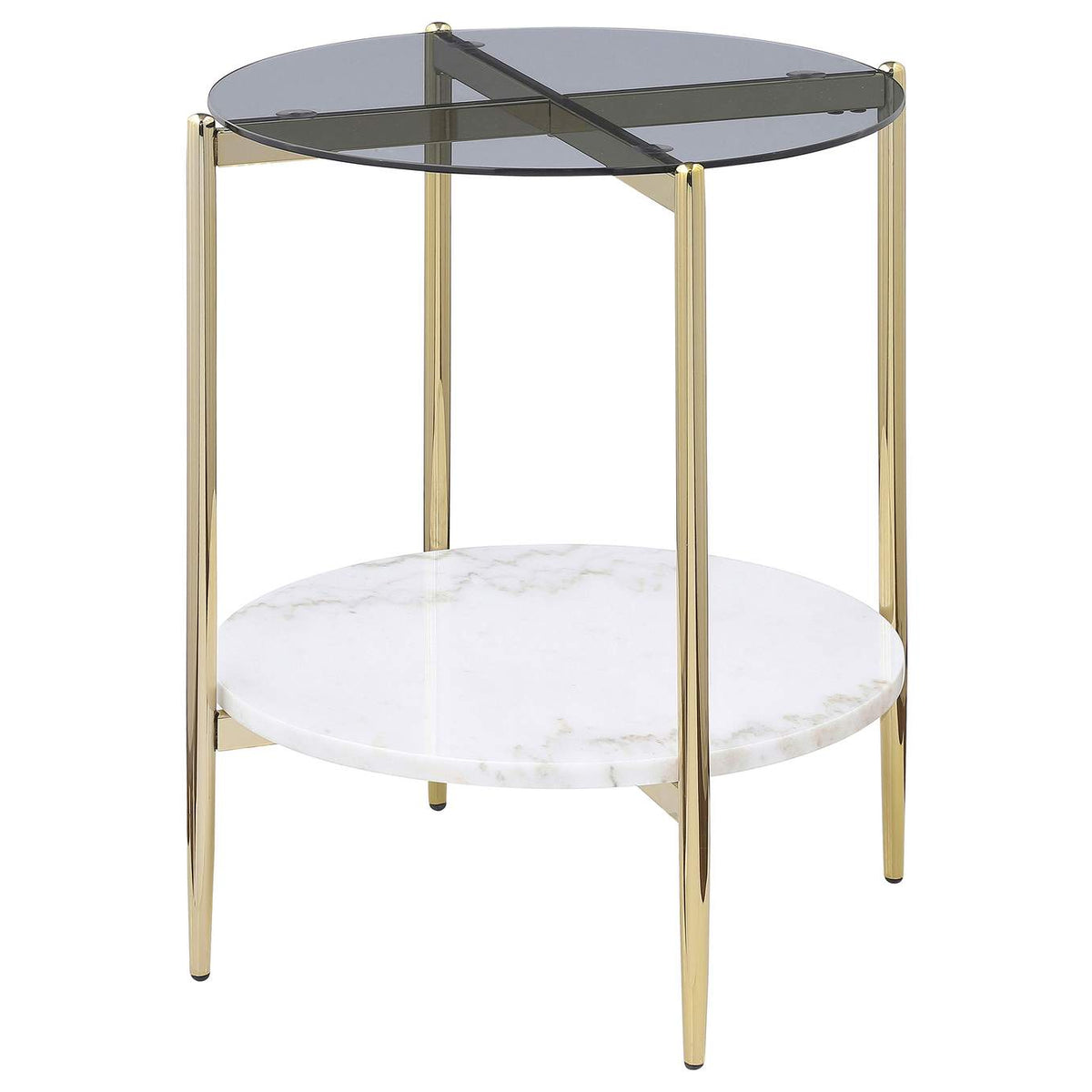 710337 Jonelle Round Glass Top End Table White Marble Shelf Gold