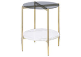 710337 Jonelle Round Glass Top End Table White Marble Shelf Gold