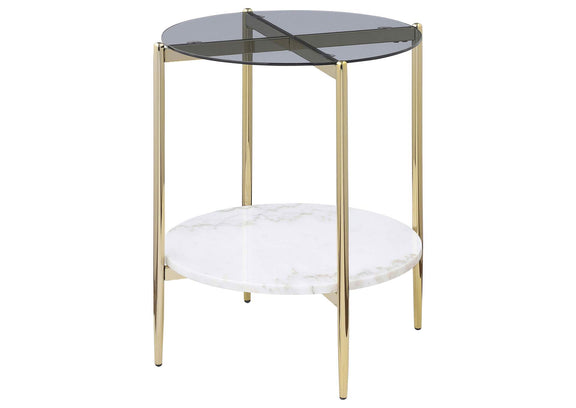 710337 Jonelle Round Glass Top End Table White Marble Shelf Gold