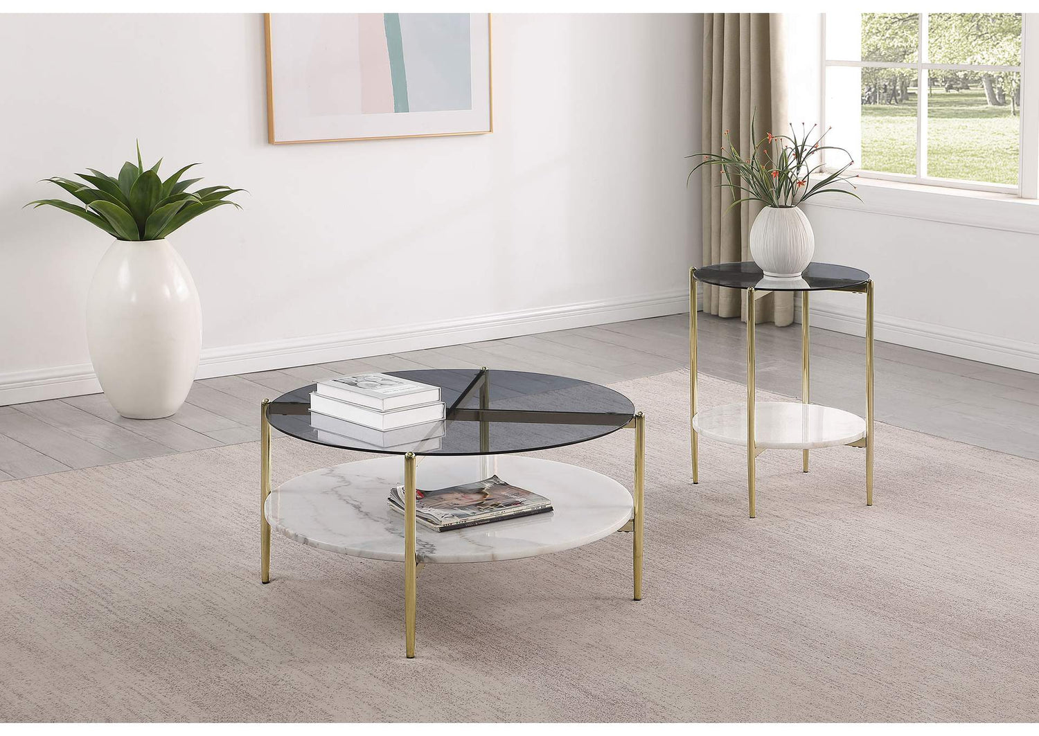 710338-S2 Jonelle 2-piece Round Coffee and End Table Set Gold